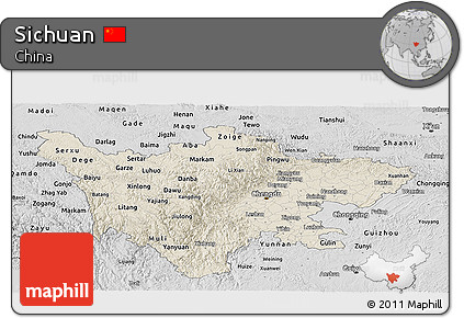 Shaded Relief Panoramic Map of Sichuan, desaturated
