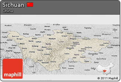 Shaded Relief Panoramic Map of Sichuan, desaturated
