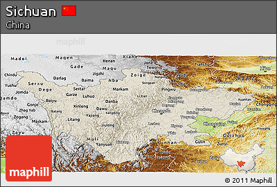 Shaded Relief Panoramic Map of Sichuan, physical outside