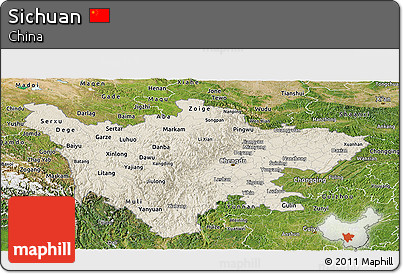 Shaded Relief Panoramic Map of Sichuan, satellite outside
