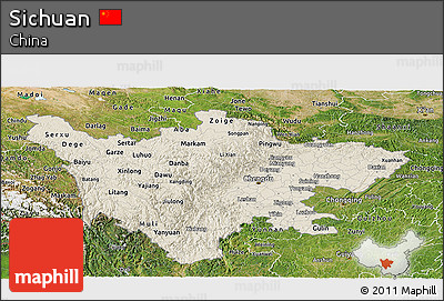 Shaded Relief Panoramic Map of Sichuan, satellite outside