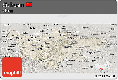 Shaded Relief Panoramic Map of Sichuan, semi-desaturated