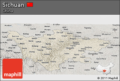 Shaded Relief Panoramic Map of Sichuan, semi-desaturated