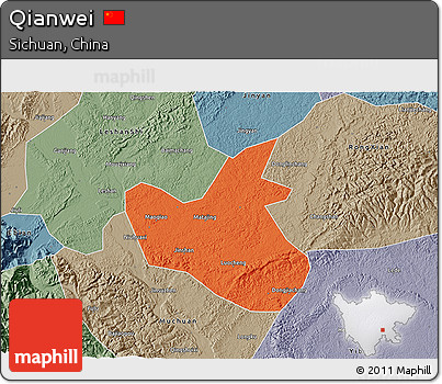 Political 3D Map of Qianwei, semi-desaturated