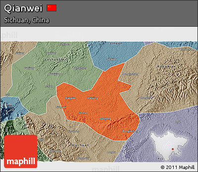 Political 3D Map of Qianwei, semi-desaturated