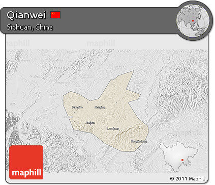 Shaded Relief 3D Map of Qianwei, lighten, desaturated