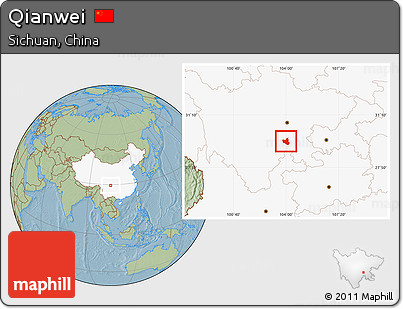 Savanna Style Location Map of Qianwei, highlighted country, hill shading
