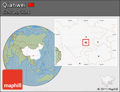 Savanna Style Location Map of Qianwei, highlighted country, hill shading