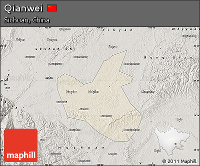Shaded Relief Map of Qianwei, semi-desaturated