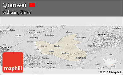 Shaded Relief Panoramic Map of Qianwei, desaturated