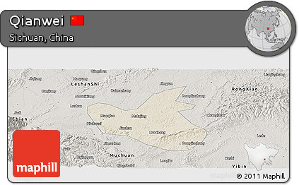 Shaded Relief Panoramic Map of Qianwei, semi-desaturated