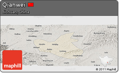 Shaded Relief Panoramic Map of Qianwei, semi-desaturated