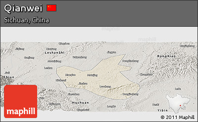 Shaded Relief Panoramic Map of Qianwei, semi-desaturated
