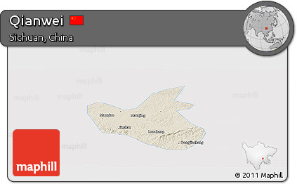 Shaded Relief Panoramic Map of Qianwei, single color outside