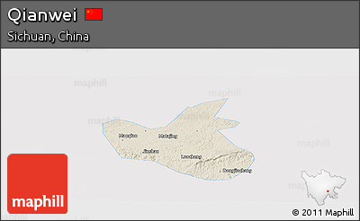 Shaded Relief Panoramic Map of Qianwei, single color outside