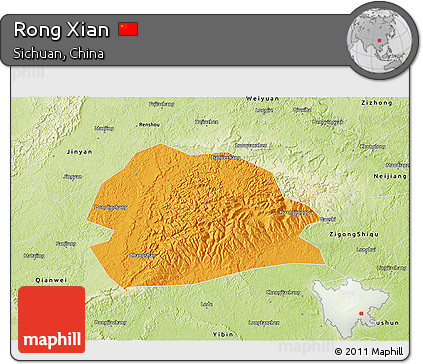 Political 3D Map of Rong Xian, physical outside