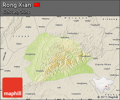 Physical Map of Rong Xian, shaded relief outside