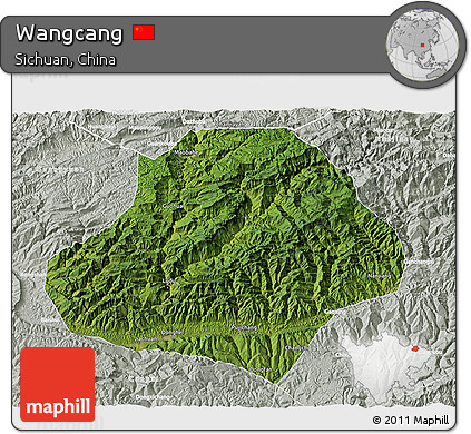Satellite 3D Map of Wangcang, lighten, semi-desaturated