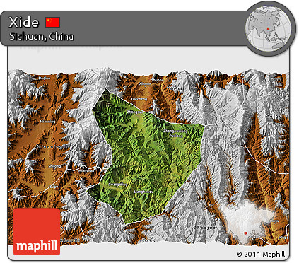 Satellite 3D Map of Xide, physical outside