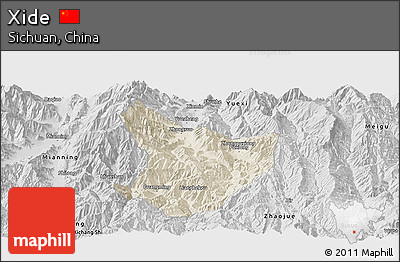 Shaded Relief Panoramic Map of Xide, desaturated