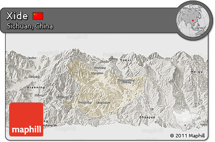 Shaded Relief Panoramic Map of Xide, semi-desaturated