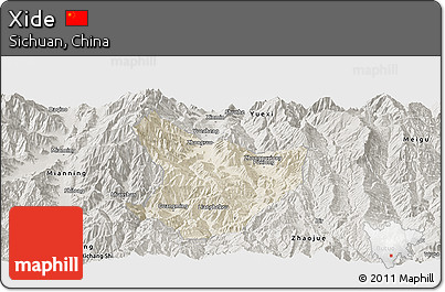Shaded Relief Panoramic Map of Xide, semi-desaturated