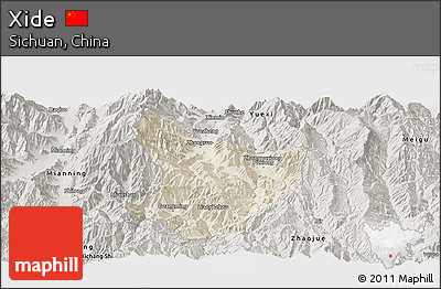 Shaded Relief Panoramic Map of Xide, semi-desaturated
