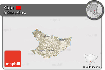 Shaded Relief Panoramic Map of Xide, single color outside