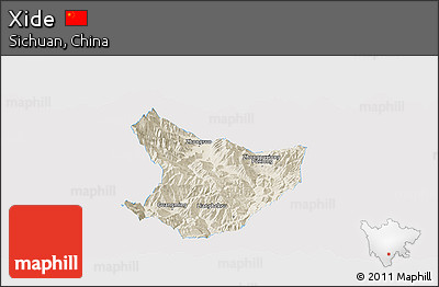 Shaded Relief Panoramic Map of Xide, single color outside