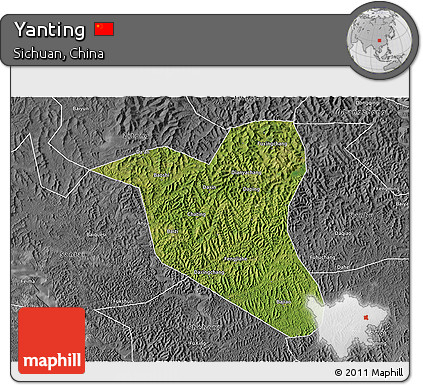 Satellite 3D Map of Yanting, desaturated