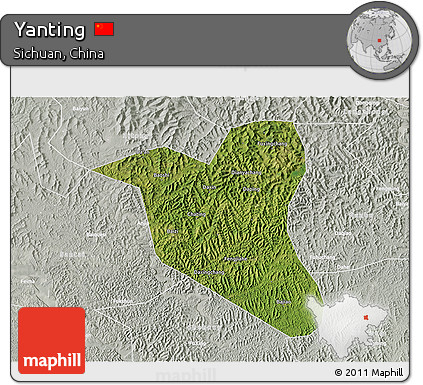 Satellite 3D Map of Yanting, lighten, semi-desaturated