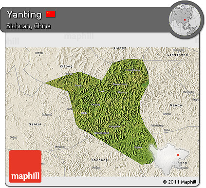 Satellite 3D Map of Yanting, shaded relief outside