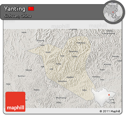 Shaded Relief 3D Map of Yanting, semi-desaturated