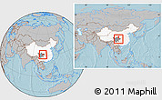 Gray Location Map of Yanting, highlighted country, highlighted parent region, within the entire country, hill shading