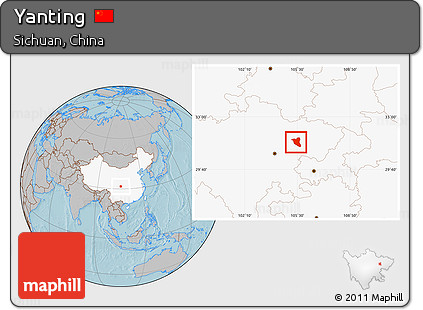 Gray Location Map of Yanting, highlighted country, hill shading