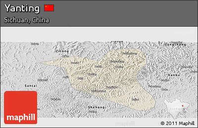 Shaded Relief Panoramic Map of Yanting, desaturated