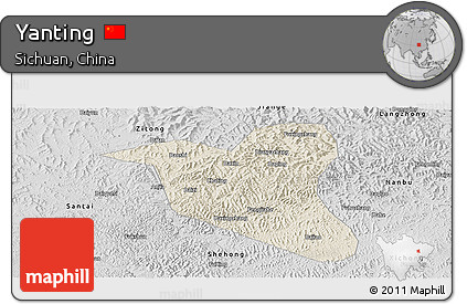 Shaded Relief Panoramic Map of Yanting, desaturated