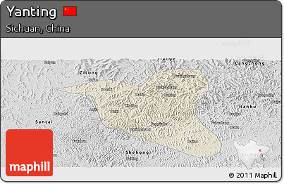 Shaded Relief Panoramic Map of Yanting, desaturated