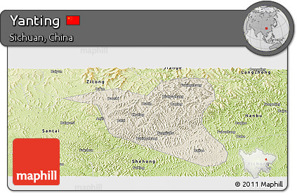 Shaded Relief Panoramic Map of Yanting, physical outside