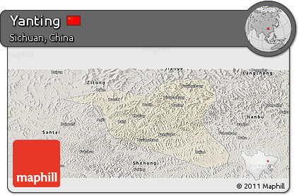 Shaded Relief Panoramic Map of Yanting, semi-desaturated