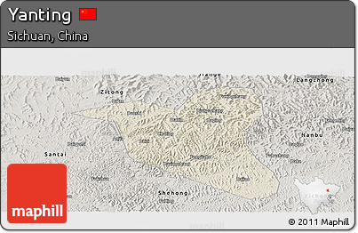 Shaded Relief Panoramic Map of Yanting, semi-desaturated