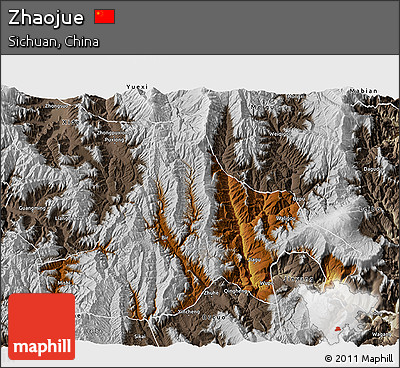 Physical 3D Map of Zhaojue, semi-desaturated