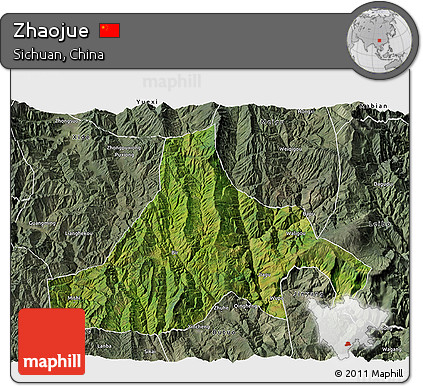 Satellite 3D Map of Zhaojue, semi-desaturated