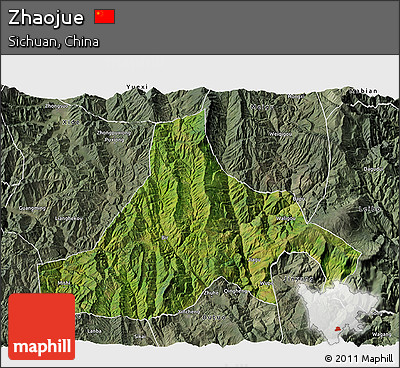 Satellite 3D Map of Zhaojue, semi-desaturated