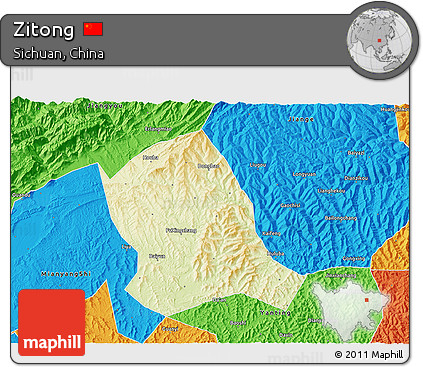 Physical 3D Map of Zitong, political outside