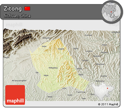 Physical 3D Map of Zitong, semi-desaturated
