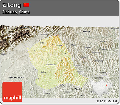 Physical 3D Map of Zitong, semi-desaturated