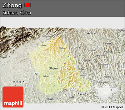 Physical 3D Map of Zitong, semi-desaturated