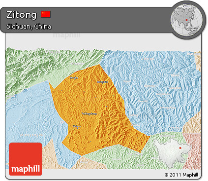 Political 3D Map of Zitong, lighten