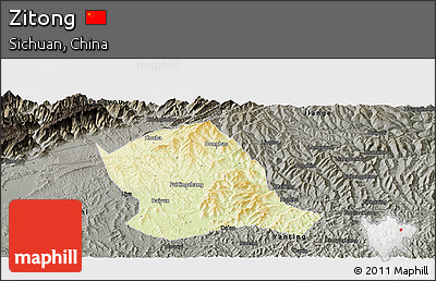 Physical Panoramic Map of Zitong, darken, semi-desaturated